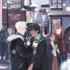 harry potter and hermione's friends in the snow by an alleyway