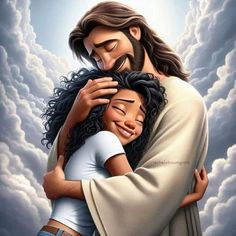 a painting of jesus hugging a woman with clouds in the sky behind him and he has his arms around her