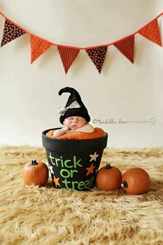 a baby in a trick or treat bucket surrounded by pumpkins