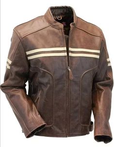 Men's Brown Double Striped Leather Jacket – Boho Living Room Striped Leather Jacket, Vintage Brown Leather Jacket, Brown Motorcycle, Biker Aesthetic, Cowhide Bag, Racer Jacket, Leather Apron, Leather Duffle Bag, Leather Duffle