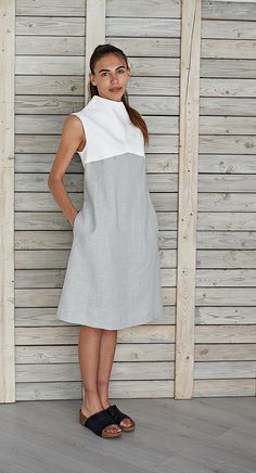 "Two colors linen dress /Turtleneck linen dress / Mock neck ribbed linen dress / Ribbed linen dress / Linen dress with high neck / Silver gray/Pure white This stylish, two colors, midi natural linen dress made with ribbed turtleneck and side pockets. It is cozy, comfortable and soft, made from washed and softened medium weight natural Lithuanian linen. You can choose the colors of dress and combine it yourself. Please choose the basic color of dress while ordering. The color of dress turtleneck Spring Casual Midi Dress With High Neck, Casual High Neck Midi Dress For Spring, Gray Linen Dress For Spring, Casual High Neck Spring Dress, Casual High Neck Midi Dress For Summer, Casual High Neck Summer Midi Dress, Casual High Neck Dress For Work, White Linen Spring Dress For Work, White Linen Dress For Spring Workwear