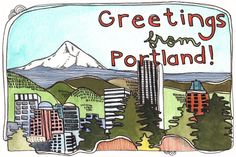 a drawing of a city with the words greetings from portland