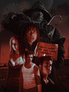 a movie poster with the characters from horror movies in front of fireworks and an image of a man holding a sign