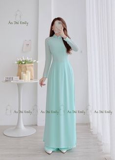 🌸 Material: Double layers chiffon. Pants included Stretchy level: 4/10 🌸 The measurement of this ao dai is in Vietnamese size. American size tends to be bigger for the same size. Please look at the SIZE CHART CAREFULLY before ORDERING. There might have some chalk writings on the fabric, these marks can be washed away. 🌸 No returns or exchanges. Buyer can contact seller about any issues with an order. 🌸 Follow us Facebook/aodaiemily22 www.aodaiemily.com 💜 Thank you very much💜 Green Ao Dai For Spring Party, Spring Party Green Ao Dai, Spring Wedding Floor-length Ao Dai, Traditional Floor-length Ao Dai For Evening, Elegant Full-length Ao Dai For Summer, Traditional Formal Floor-length Ao Dai, Luxury Floor-length Ao Dai For Women, Chalk Writing, Colored Pants