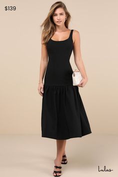 Charming yet elevated, the Rare London Elegant Influence Black Sleeveless Drop Waist Midi Dress is an effortless pick! This classic dress has a midweight woven fabrication that shapes a flattering scoop neckline and back, supported by slender straps. Princess seams adorn the figure-skimming silhouette as it falls to an A-line skirt with a trendy drop waist design. Chic midi hem completes the look. Hidden back zipper/clasp. Fit: This garment fits true to size. Length: Mid-calf length. Size medium Princess Seams, Classic Dress, Princess Seam, Strapless Bra, Black Sleeveless, Drop Waist, Full Skirt, A Line Skirt, Scoop Neckline