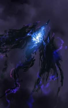 an abstract painting of a demon with blue and purple lights