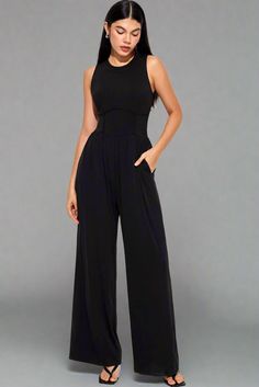 Elegant Crew Neck Sleeveless Wide Leg Jumpsuit | LIKI BRAND Sleek Sleeveless Stretch Jumpsuits And Rompers, Sleek Sleeveless Evening Jumpsuits And Rompers, Chic Sleeveless Stretch Jumpsuits And Rompers, Sleek Sleeveless Jumpsuits And Rompers For Work, Sleek Sleeveless Jumpsuit For Work, Black Sleeveless Jumpsuits And Rompers For Date Night, Black Sleeveless Jumpsuits For Date Night, Casual Sleeveless Jumpsuits And Rompers For Date Night, Summer Clearance