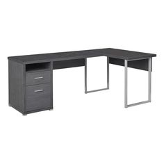 an l - shaped desk with two drawers on one side and a metal frame at the top