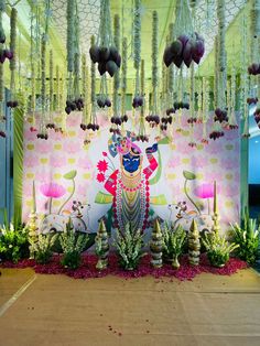 "Divine Beauty in Pastel Hues: Celebrating the Grace of Shreenathji with Lotus and Cow Decor in Pichwai Style!" Shreenathji Decoration, Pichwai Theme Backdrop, Lotus Theme Wedding Decor, Pichwai Backdrop Decor, Pichwai Decor, Pichwai Designs, Wedding Collaterals