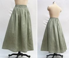 " *Have a pockets *Pleated skirt *Length approx: 90cm *Wash by hand or machine with cold water *Materials : 100%Linen Auailable in women's us size XXS to 3XL as well as custom size and plus size  XXS: Waist:66cm/26\" Length:90cm/35.5\" XS: Waist:70cm/27.5\" Length:90cm/35.5\" S: Waist:74cm/29\" Length:90cm/35.5\" M: Waist:78cm/30.5\" Length:90cm/35.5\" L: Waist:82cm/32\" Length:90cm/35.5\" XL: Waist:86cm/33.8\" Length:90cm/35.5\" XXL: Waist:90cm/35.5\" Length:90cm/35.5\" 3XL: Waist:94cm/37\" Len Spring Full Length Skirt With Side Pockets, Full Length Skirt With Side Pockets For Spring, Summer Full Length Maxi Skirt With Pockets, Summer Full Length Gathered Skirt, Green Full Maxi Skirt With Pockets, Spring Full-length Skirt With Side Pockets, Green Full Lined Maxi Skirt, Summer Full-length Maxi Skirt With Pockets, Green Wide-leg Lined Maxi Skirt