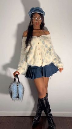 Collard Dress Outfits, Sweater Skirt Outfit Black Women, Pretty Preppy Outfits, Short Skirt Outfits Aesthetic, Blue On Blue Outfit, Kawaii Style Outfits, Girly Outfits Black Women, Coquette Black Women, Baddie Y2k Outfits