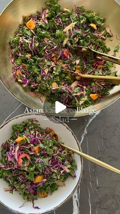 two bowls filled with salad on top of a table