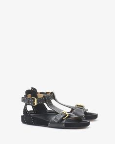 Layne Sandals Woman black | ISABEL MARANT Official online store Flat Shoes Men, Sandals Woman, Black Order, Studded Flats, Denim T Shirt, Boots And Sneakers, Small Leather Goods, Back Strap, Isabel Marant