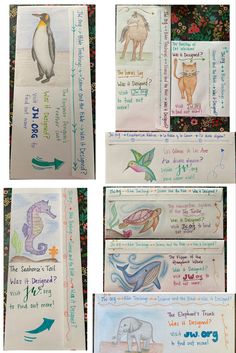 four different pictures of children's handmade books with animals and words on them