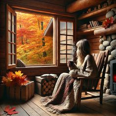 a woman sitting in a rocking chair looking out the window at autumn foliage and trees