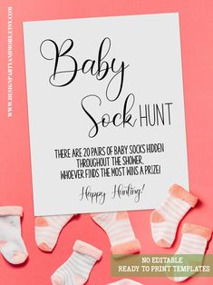 Minimalist Baby Shower Baby Sock Hunt Game, Printable No Editable Game  HOW TO PLAY:  Hide baby socks around the shower for the guests to find. Guest will look around for socks, Whoever finds the most socks by the time the Mom-to-be opens her gifts, Wins a Prize!!  HOW TO ORDER  * Purchase listing * Download files directly from Etsy * Print as many as you need!!  WHAT'S INCLUDED  * JPG size 5"x7" Sign * JPG size 8"x10" Sign * PDF size 8'x10" Sign * PDF size 8.5" x 11" with a 8'x10" Sign Design with trim marks BUNDLE WITH ALL EDITABLE GAMES:  https://www.etsy.com/listing/1481282006 SEE ALL INDIVIDUAL GAMES AVAILABLE: https://www.etsy.com/shop/Designpartyandmore?ref=seller-platform-mcnav&search_query=BG-1200 SEE OTHER MATCHING ITEMS AVAILABLE: https://www.etsy.com/shop/Designpartyandmore?ref Obstacle Course Games, Baby Shower Game Gifts, November Baby Shower, Baby Party Games, November Baby, Lost Socks, Creative Baby Shower, Game Template, Minimalist Baby