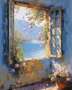 an oil painting of a window with flowers on the windowsill and water in the background