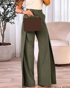 Bella Milton - Stylish Overlap Asymmetrical Wide Leg Pants with High Waist Pocket Design Fashion, Casual Bottoms, Chic Type, Estilo Chic, Moda Plus, Pantalon Large, Komplette Outfits, Casual Fall, Wide Leg Trousers