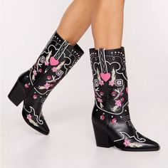 Step Right Up. Feel Confident In These So Unique Cowboy Boots, Made In High Quality Real Leather, With Statement Pointed Toes, Comfortable Chunky Heels, And Cute Heart Detailing. Pairs Well With Mini Skirts And Dresses For A Look That Will Take Seamlessly From Day To Night, From Dinner Dates To Drinks, To Festivals And Gig Nights. High Quality Real Leather Statement Pointed Toes Comfortable Chunky Heels Unique Flower And Heart Detailing Long Lasting Embroidered Design Inner Ankle Zip Fastening S Wide Calf Cowgirl Boots, Knee High Cowboy Boots, Vegan Leather Boots, Black Chunky Heels, Colorful Embroidery, Leather Floral, Cowboy Boots Women, Black Vegan, Cow Boy