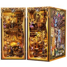 an intricately designed wooden box with many items inside it, including figurines