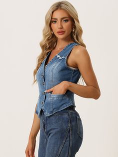 Shop Allegra K for denim vest sleeveless collarless washed distressed jean jacket you are looking for, get more women's demin jackets for yourelf. Order now! Free Returns! Sleeveless Denim Vest, Womens Denim Vest, Demin Jacket, Distressed Jean Jacket, Jean Vest, Double Denim, Chic Outfit, Edgy Look, Denim Design