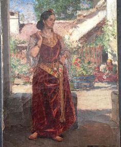 an old painting of a woman standing in front of a window with her hand on her hip