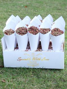 six cones filled with dried herbs on top of a white cardboard box in the grass