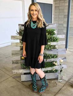 Cowgirl Black Dress Outfit, Dresses Cowboy Boots Outfit, Western Dresses With Cowboy Boots, Dresses And Western Boots, Womens Outfits With Cowboy Boots, Cute Dresses To Wear With Cowboy Boots, Western Boots With Dresses Outfit, Cowboy Boots Work Outfit Women, Work Outfits With Cowboy Boots