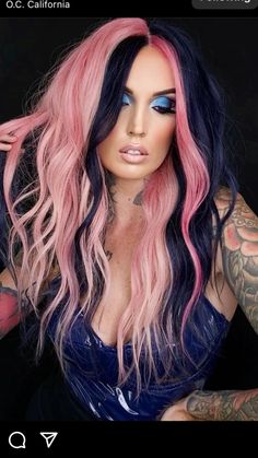 Long Dark Hair With Peekaboo Highlights, Cute Summer Hair Colors For Brunettes, Vivid Hair Color Placement, Two Color Hair Dye Ideas, Color Block Hair Ideas, Two Tone Red Hair, Unique Hair Dye Ideas, Bold Hair Color Ideas