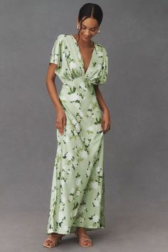 BHLDN Leila Deep-V Flutter-Sleeve Satin A-Line Gown | Anthropologie Bridesmaid Dresses Floral Print, Printed Bridesmaid Dresses, Black Tie Wedding Guests, Maid Of Honour Dresses, Affordable Bridesmaid Dresses, Flowy Design, Guest Attire, Bridesmaid Dress Colors, Wedding Attire Guest