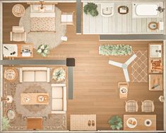 an overhead view of a living room and dining area in a small apartment with wood flooring