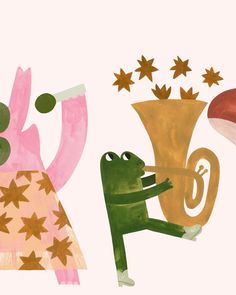 an illustration of a frog playing the french horn and another drawing of a vase with stars coming out of it