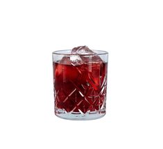 a glass filled with red liquid and ice