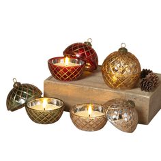 decorative glass candle holders with pinecone and crystal balls on wooden stand, set of 6