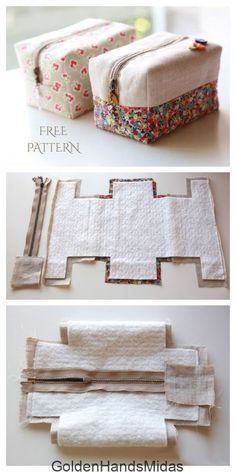 three different images of toiletries and washcloths on a table with text overlay that says free pattern