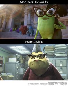 two cartoon characters with caption that reads monsters university monsters inc and the same character