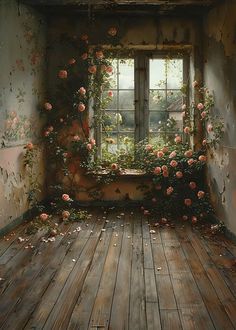 an empty room with roses growing on the wall and windows in the corner, along with wooden flooring