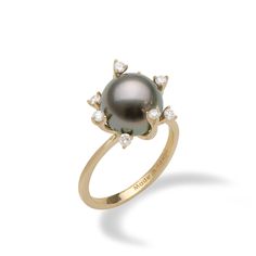 14K Yellow Gold Ring "Protea Flower" Design 10-11mm, Tahitian Black Pearl Variety of natural colors (black, green, grey and peacock) Eight faceted round Diamonds totaling 0.24 carats, total weight Ring sizes 5 to 9 Contact us for additional ring sizes Due to their nature, no two pearls are alike. Pearls will vary in color, shape and overtone. Dimples, birthmarks, surface imperfections may be present and speak to their nature making each pearl unique. Maui Divers Jewelry offers extended sizing wh Luxury Black Tahitian Pearl Ring, Luxury Yellow Gold Ring With Tahitian Pearl, Luxury Oval Pearl Ring Fine Jewelry, Black Pearl Ring, Protea Flower, Black Pearls, Hawaiian Jewelry, Tahitian Black Pearls, Gem Diamonds