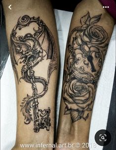 two people with tattoos on their legs, one has a key and the other has roses