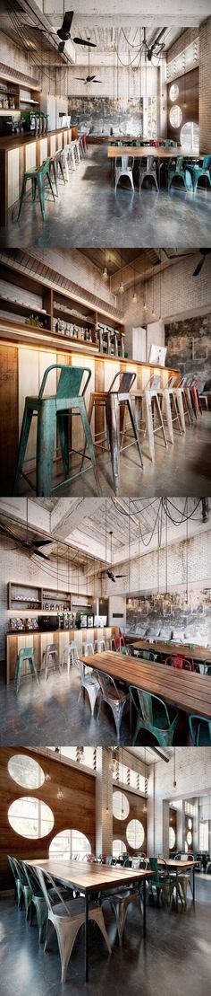 multiple shots of tables and chairs in an empty room