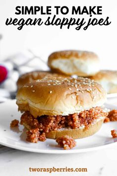 two sloppy joes on a white plate with text overlay