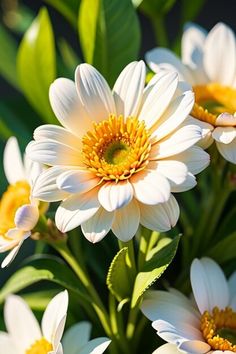 white and yellow flowers with green leaves in the background