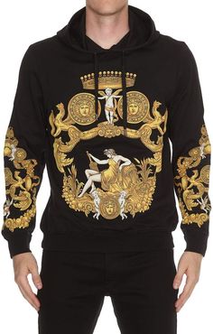 Versace Blasone Barocco Hoodie Luxury Winter Hoodie, Luxury Hoodie Sweatshirt, Luxury Winter Hoodie Sweatshirt, Luxury Long Sleeve Hoodie For Fall, Luxury Long Sleeve Hoodie With Logo Print, Luxury Sweatshirt With Drawstring Hood For Winter, Luxury Sweatshirt With Drawstring Hood, Luxury Cotton Hoodie Sweatshirt, Luxury Hooded Hoodie For Streetwear