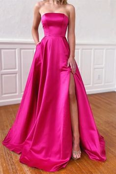 Bold Fuchsia Prom Gown with Side Split and Convenient Pockets Pink Satin Prom Dress, Prom Dress With Pockets, Strapless Evening Dress, Strapless Prom Dress, Party Mode, Prom Dresses With Pockets, فستان سهرة, A Line Prom Dresses, Satin Prom Dress