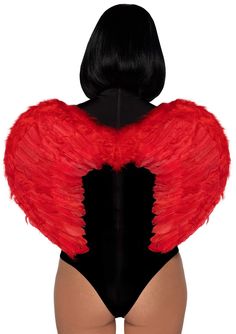 the back of a woman's body with red feathers on her chest and black panties