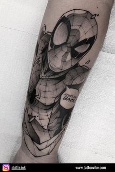 a spiderman tattoo on the arm with black and white lines around it's face