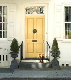 a yellow door with two potted plants on the steps