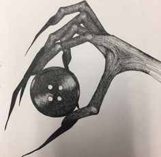 a black and white drawing of a bowling ball being hit by a spider's claws