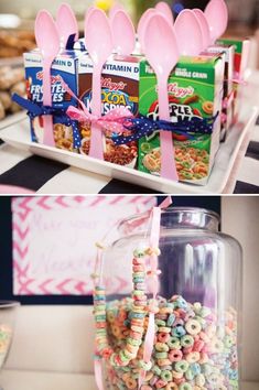 candy bar with pink spoons, cereal bars and milk cartons in glass containers