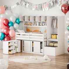 a child's room with balloons and furniture